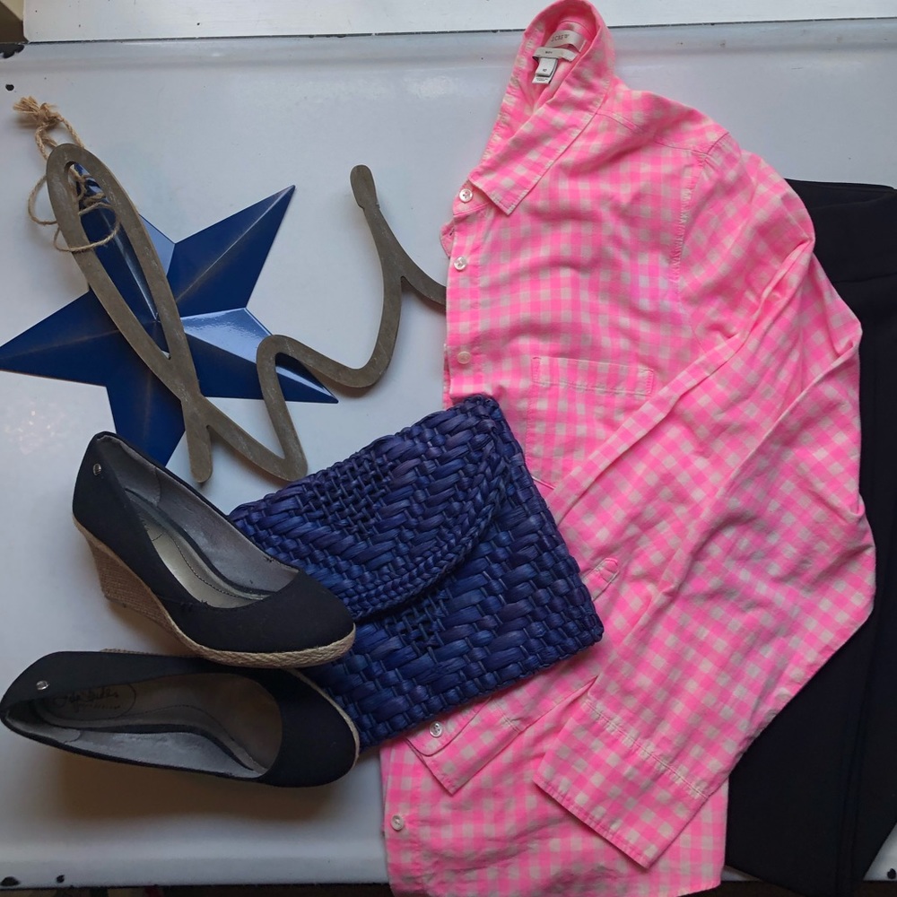 J Crew pink gingham button up shirt